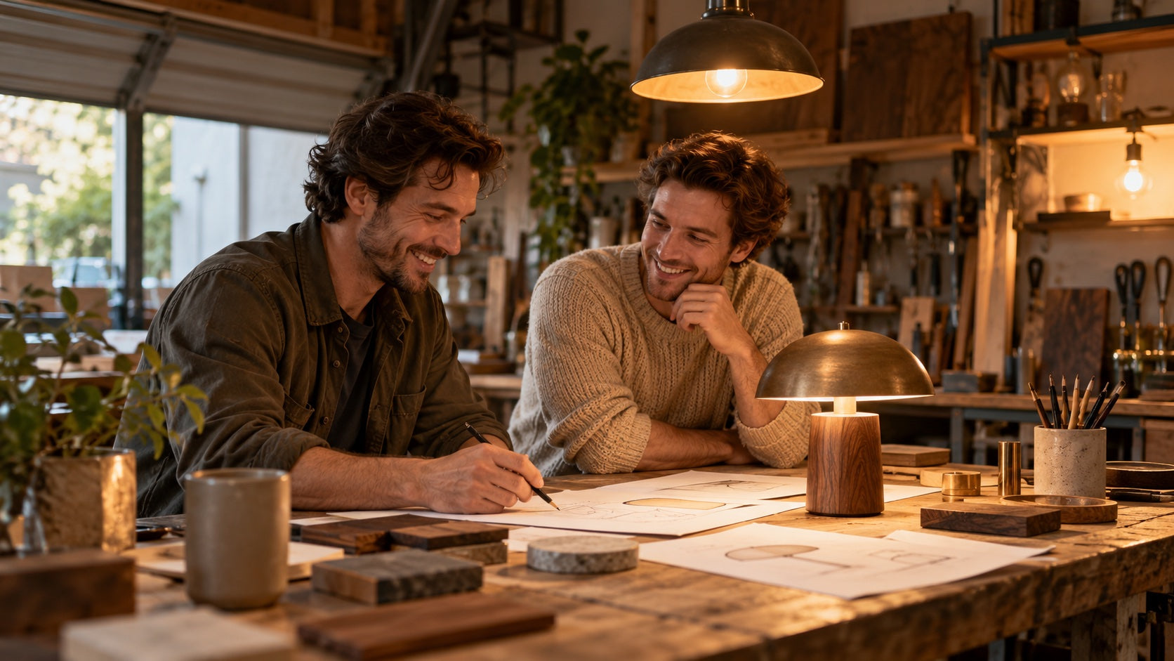 Fictional brothers sketching lighting ideas at a table