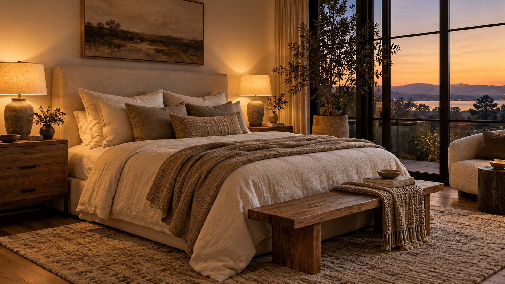 Cozy bedroom with warm bedside lamps