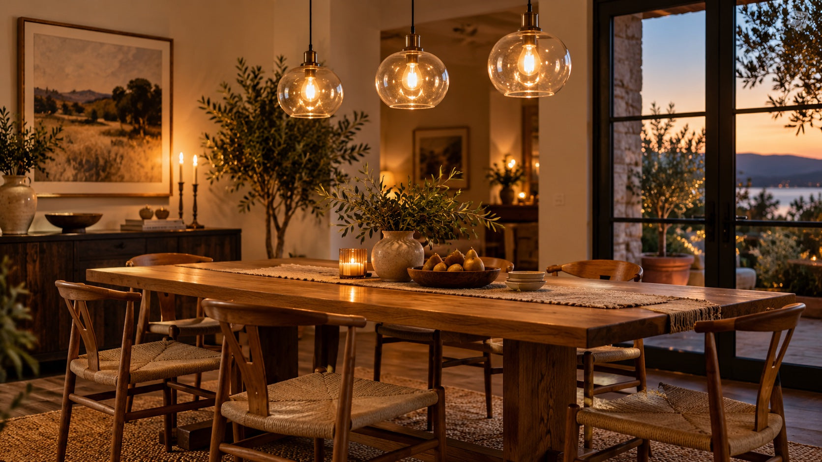 Dining room with warm glass pendant lights