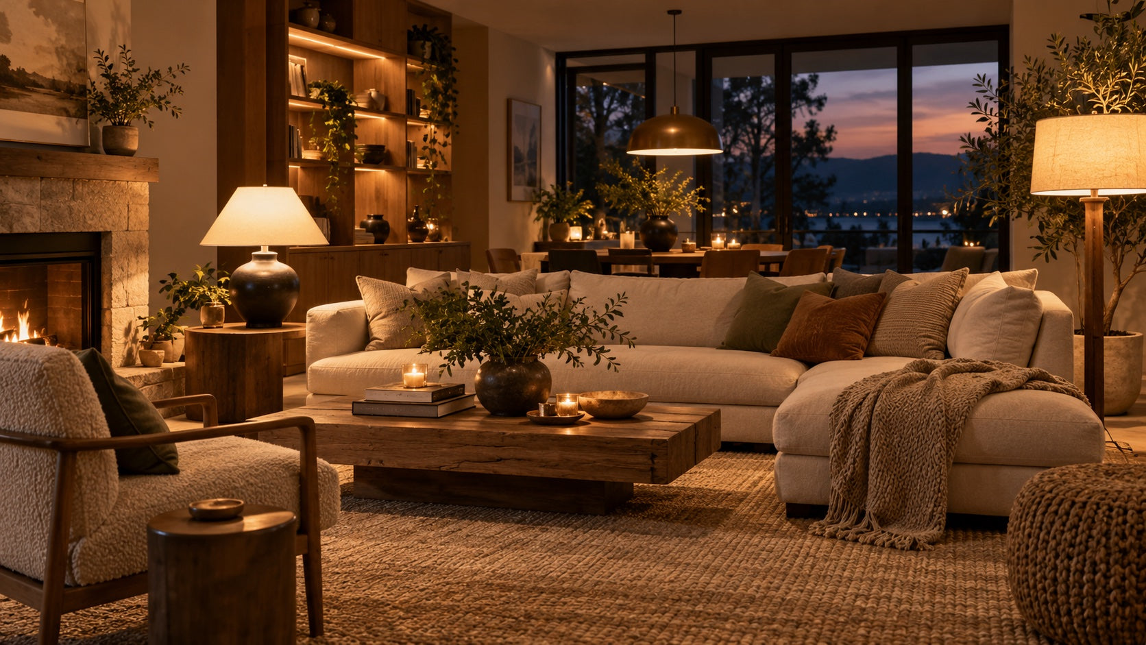Warmly lit living room with layered lamps