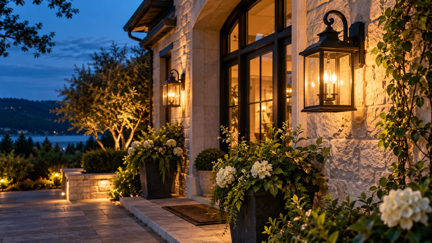 Outdoor wall lanterns glowing beside a home
