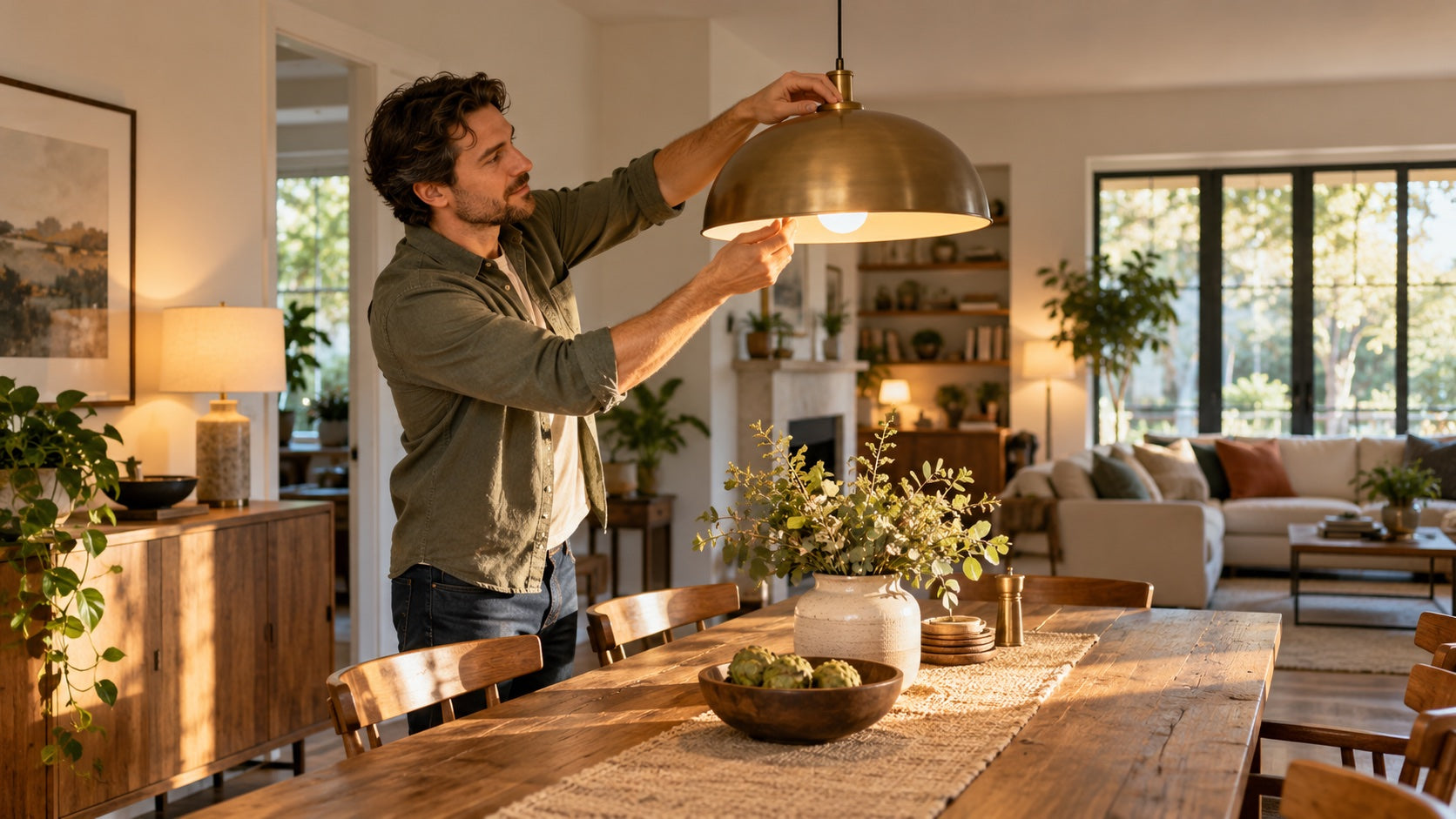 Person adjusting a warm pendant light