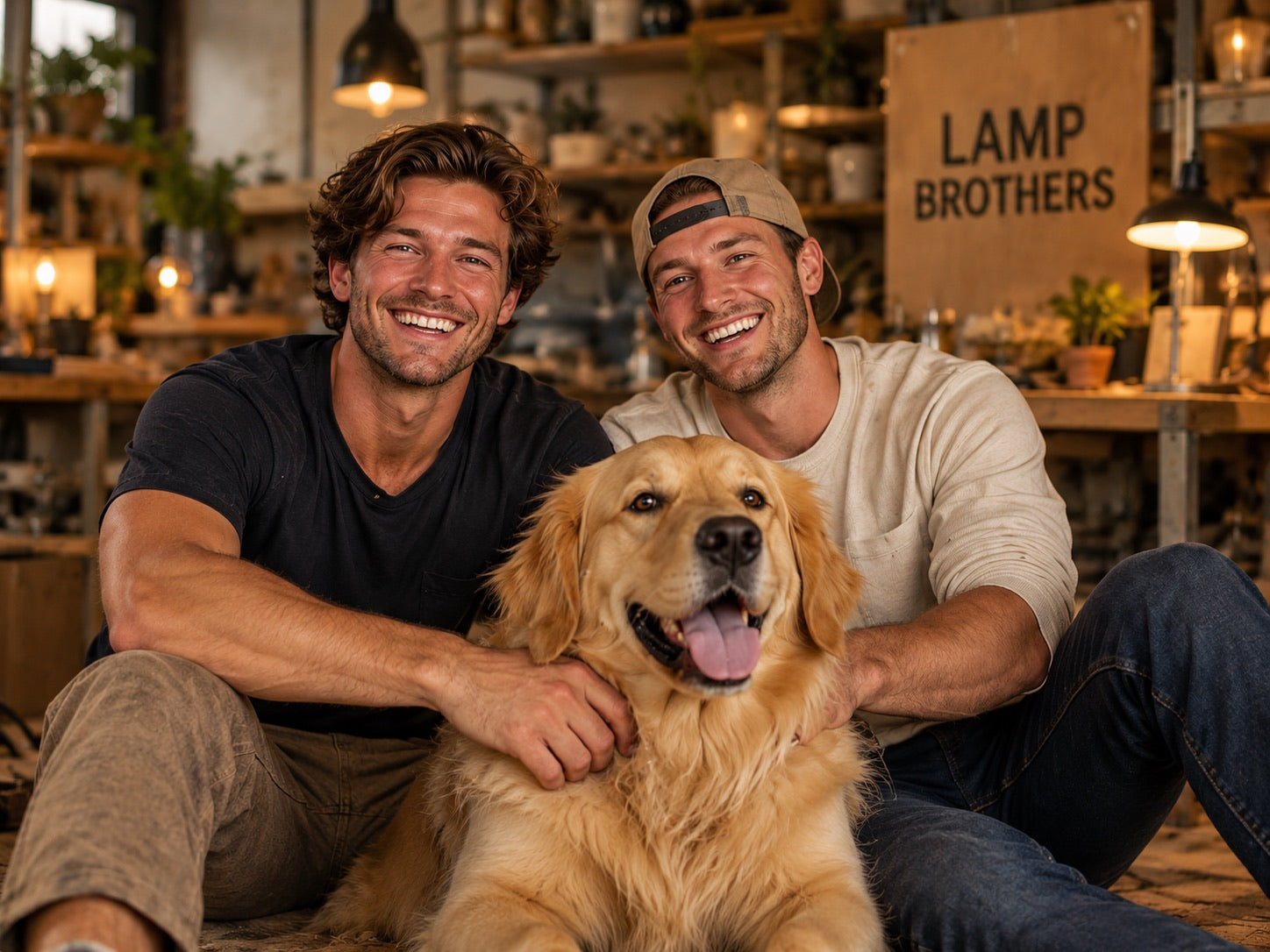 Fictional Lamp Brothers characters with a golden retriever in a warmly lit room