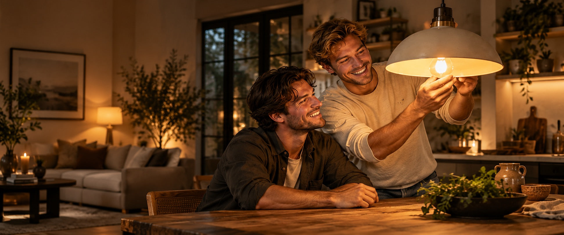 Two fictional Lamp Brothers characters admiring a warm pendant light